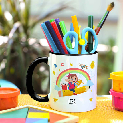 SEO. Bedruckte Tasse mit Motiv Einschulung - Mädchen Schwarz & Weiß Linkreich