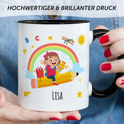 SEO. Bedruckte Tasse mit Motiv Einschulung - Mädchen Schwarz & Weiß Linkreich