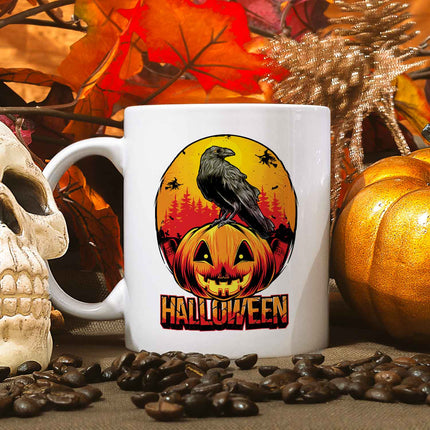SEO. Bedruckte Tasse mit Motiv im Halloween Raben Design - Weiß Linkreich