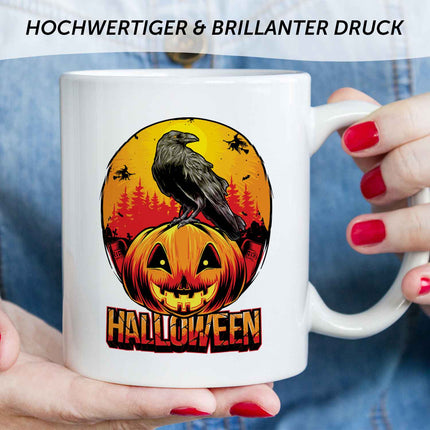 SEO. Bedruckte Tasse mit Motiv im Halloween Raben Design - Weiß Linkreich