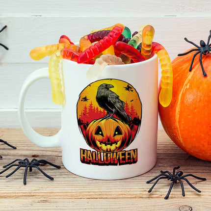 SEO. Bedruckte Tasse mit Motiv im Halloween Raben Design - Weiß Linkreich