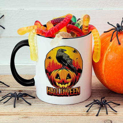 SEO. Bedruckte Tasse mit Motiv im Halloween Raben Design - Weiß Linkreich
