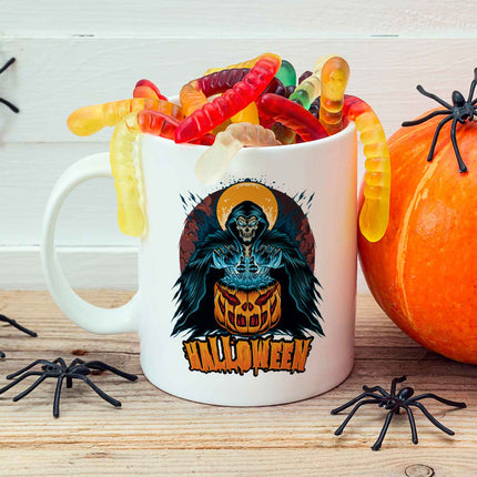 SEO. Bedruckte Tasse mit Motiv im Halloween Reaper Design - Weiß Linkreich