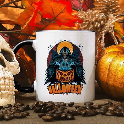 SEO. Bedruckte Tasse mit Motiv im Halloween Reaper Design - Schwarz & Weiß Linkreich