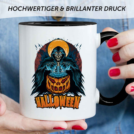 SEO. Bedruckte Tasse mit Motiv im Halloween Reaper Design - Schwarz & Weiß Linkreich