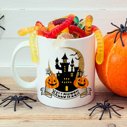 SEO. Bedruckte Tasse mit Motiv im Halloween Schloss Design - Weiß Linkreich