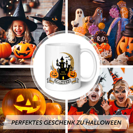SEO. Bedruckte Tasse mit Motiv im Halloween Schloss Design - Weiß Linkreich