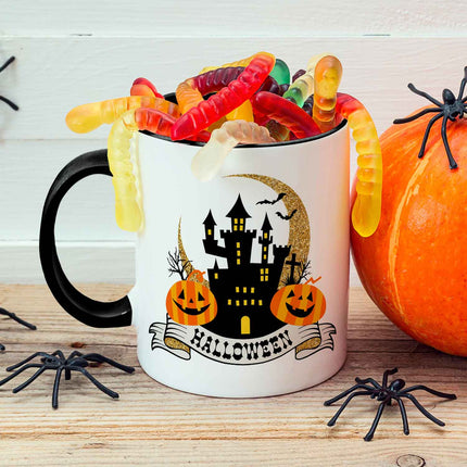 SEO. Bedruckte Tasse mit Motiv im Halloween Schloss Design - Weiß Linkreich
