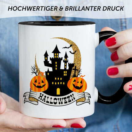 SEO. Bedruckte Tasse mit Motiv im Halloween Schloss Design - Schwarz & Weiß Linkreich