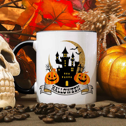 SEO. Bedruckte Tasse mit Motiv im Halloween Schloss Design - Schwarz & Weiß Linkreich