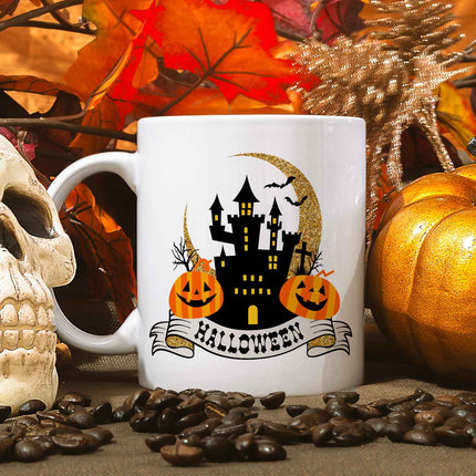 SEO. Bedruckte Tasse mit Motiv im Halloween Schloss Design - Weiß Linkreich
