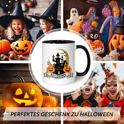 SEO. Bedruckte Tasse mit Motiv im Halloween Schloss Design - Schwarz & Weiß Linkreich