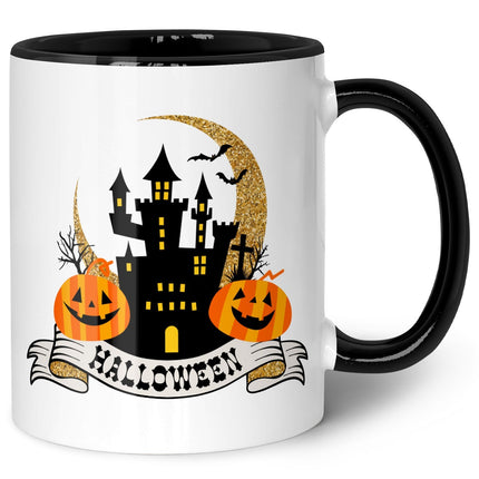 SEO. Bedruckte Tasse mit Motiv im Halloween Schloss Design - Schwarz & Weiß Linkreich