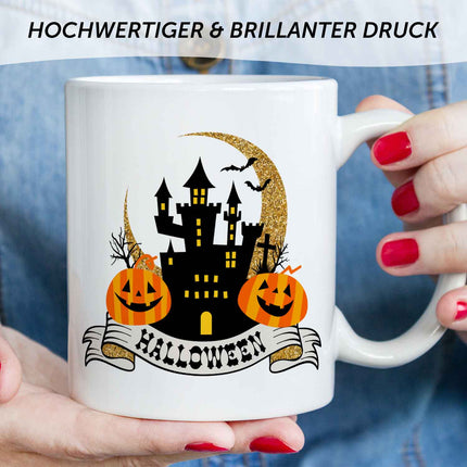SEO. Bedruckte Tasse mit Motiv im Halloween Schloss Design - Weiß Linkreich