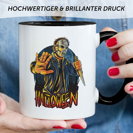 SEO. Bedruckte Tasse mit Motiv im Halloween Slasher Design - Schwarz & Weiß Linkreich