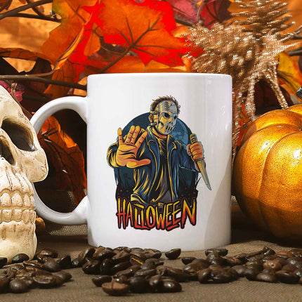 SEO. Bedruckte Tasse mit Motiv im Halloween Slasher Design - Weiß Linkreich