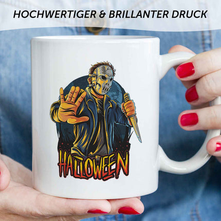 SEO. Bedruckte Tasse mit Motiv im Halloween Slasher Design - Weiß Linkreich
