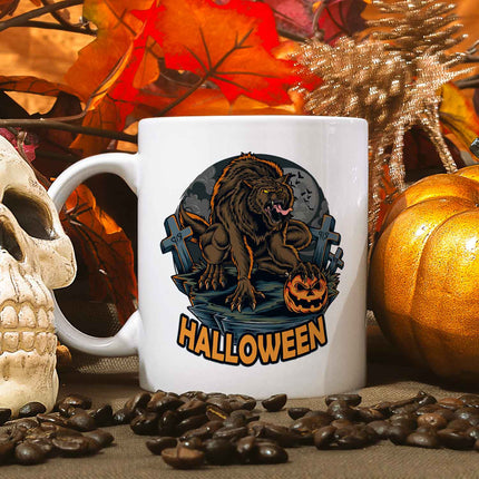 SEO. Bedruckte Tasse mit Motiv im Halloween Werwolf Design - Weiß Linkreich