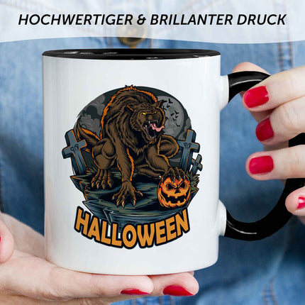 SEO. Bedruckte Tasse mit Motiv im Halloween Werwolf Design - Schwarz & Weiß Linkreich