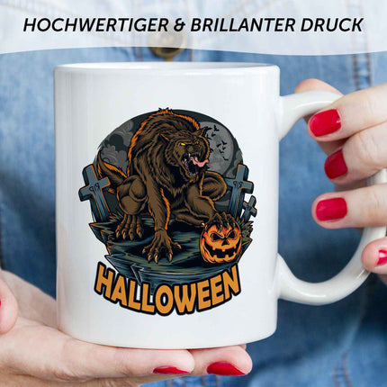 SEO. Bedruckte Tasse mit Motiv im Halloween Werwolf Design - Weiß Linkreich