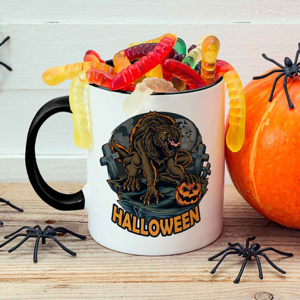 SEO. Bedruckte Tasse mit Motiv im Halloween Werwolf Design - Schwarz & Weiß Linkreich
