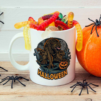SEO. Bedruckte Tasse mit Motiv im Halloween Werwolf Design - Weiß Linkreich