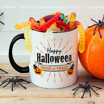 SEO. Bedruckte Tasse mit Motiv im Happy Halloween Design - Schwarz & Weiß V3 Linkreich