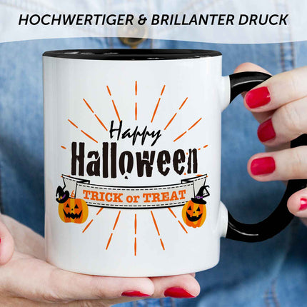 SEO. Bedruckte Tasse mit Motiv im Happy Halloween Design - Schwarz & Weiß V3 Linkreich