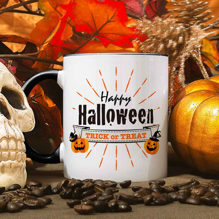 SEO. Bedruckte Tasse mit Motiv im Happy Halloween Design - Schwarz & Weiß V3 Linkreich