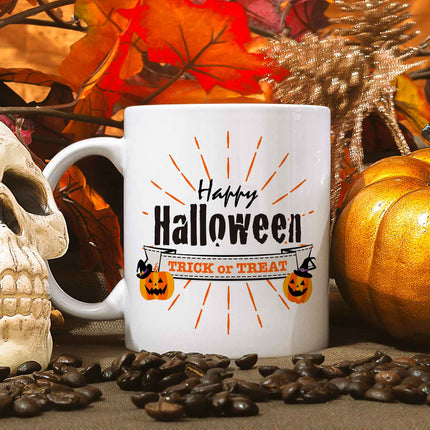 SEO. Bedruckte Tasse mit Motiv im Happy Halloween Design - Weiß V3 Linkreich