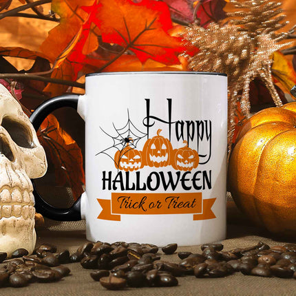 SEO. Bedruckte Tasse mit Motiv im Happy Halloween Design - Schwarz & Weiß V2 Linkreich