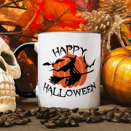 SEO. Bedruckte Tasse mit Motiv im Happy Halloween Hexen Design - Schwarz & Weiß Linkreich