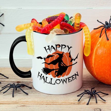 SEO. Bedruckte Tasse mit Motiv im Happy Halloween Hexen Design - Weiß Linkreich