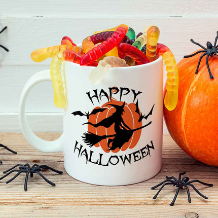 SEO. Bedruckte Tasse mit Motiv im Happy Halloween Hexen Design - Weiß Linkreich