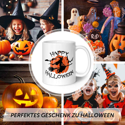SEO. Bedruckte Tasse mit Motiv im Happy Halloween Hexen Design - Weiß Linkreich