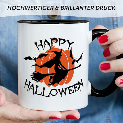 SEO. Bedruckte Tasse mit Motiv im Happy Halloween Hexen Design - Schwarz & Weiß Linkreich