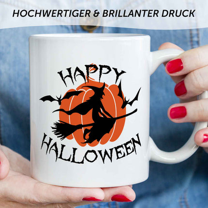 SEO. Bedruckte Tasse mit Motiv im Happy Halloween Hexen Design - Weiß Linkreich