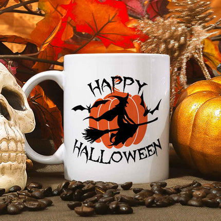 SEO. Bedruckte Tasse mit Motiv im Happy Halloween Hexen Design - Weiß Linkreich