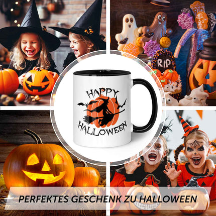 SEO. Bedruckte Tasse mit Motiv im Happy Halloween Hexen Design - Schwarz & Weiß Linkreich