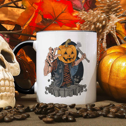 SEO. Bedruckte Tasse mit Motiv im Kürbis Zombie Design - Schwarz & Weiß Linkreich