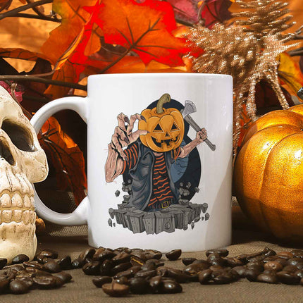 SEO. Bedruckte Tasse mit Motiv im Kürbis Zombie Design - Weiß Linkreich