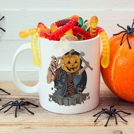 SEO. Bedruckte Tasse mit Motiv im Kürbis Zombie Design - Weiß Linkreich