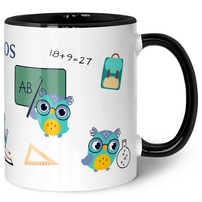 SEO. Bedruckte Tasse mit Motiv - Schuleule - Eule Blau - Schwarz & Weiß Linkreich