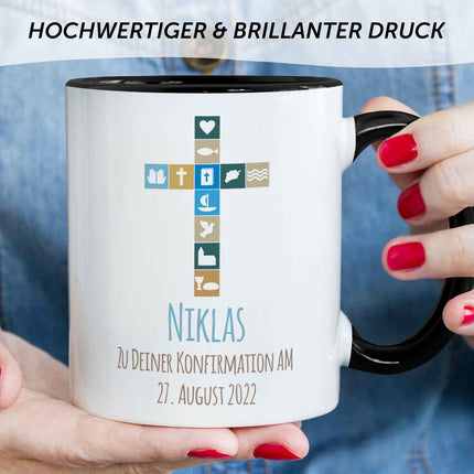 SEO. Bedruckte Tasse mit Motiv - Zur Konfirmation V2 mit Name & Datum - Schwarz & Weiß Linkreich