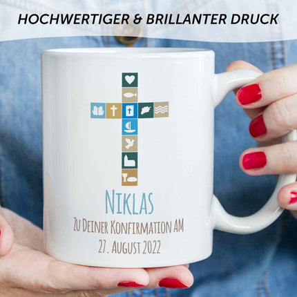 SEO. Bedruckte Tasse mit Motiv - Zur Konfirmation V2 mit Name & Datum - Weiß Linkreich