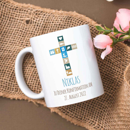 SEO. Bedruckte Tasse mit Motiv - Zur Konfirmation V2 mit Name & Datum - Weiß Linkreich