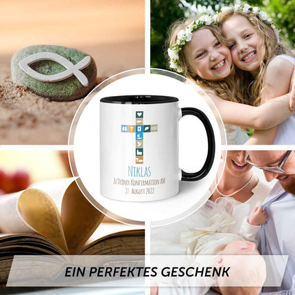 SEO. Bedruckte Tasse mit Motiv - Zur Konfirmation V2 mit Name & Datum - Schwarz & Weiß Linkreich
