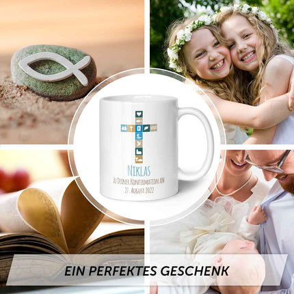 SEO. Bedruckte Tasse mit Motiv - Zur Konfirmation V2 mit Name & Datum - Weiß Linkreich