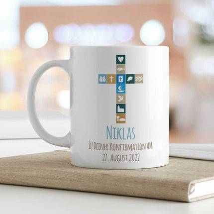 SEO. Bedruckte Tasse mit Motiv - Zur Konfirmation V2 mit Name & Datum - Weiß Linkreich