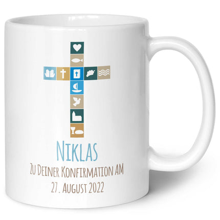 SEO. Bedruckte Tasse mit Motiv - Zur Konfirmation V2 mit Name & Datum - Weiß Linkreich